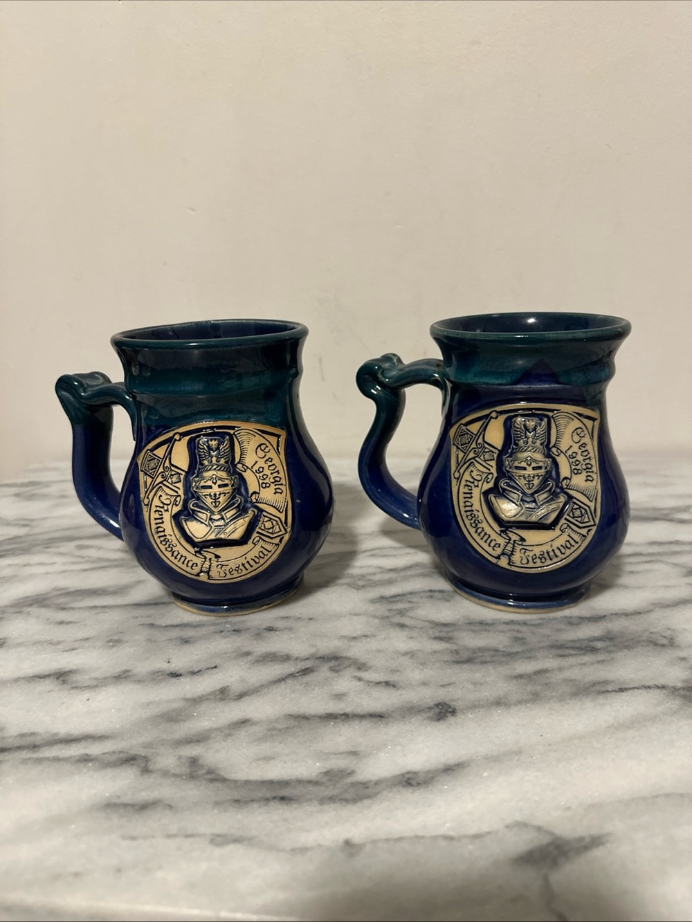 Vintage a Georgia Pair of Blue Ceramic Renaissance Festival Mugs